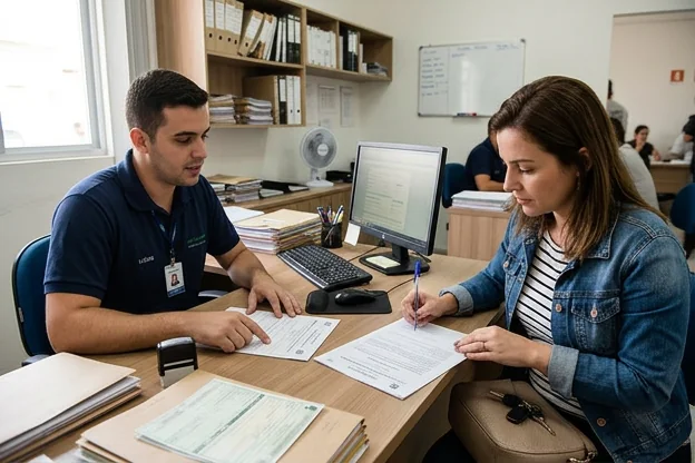 Cliente revisando documentos para transferência de veículo em um despachante.
